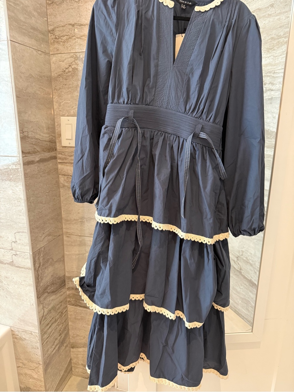 Navy Tiered Midi Dress with Cream Trim